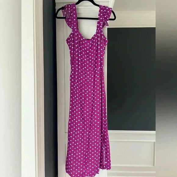 Loft Magenta dot ruffle sleeve slit dress 4 - Picture 5 of 5